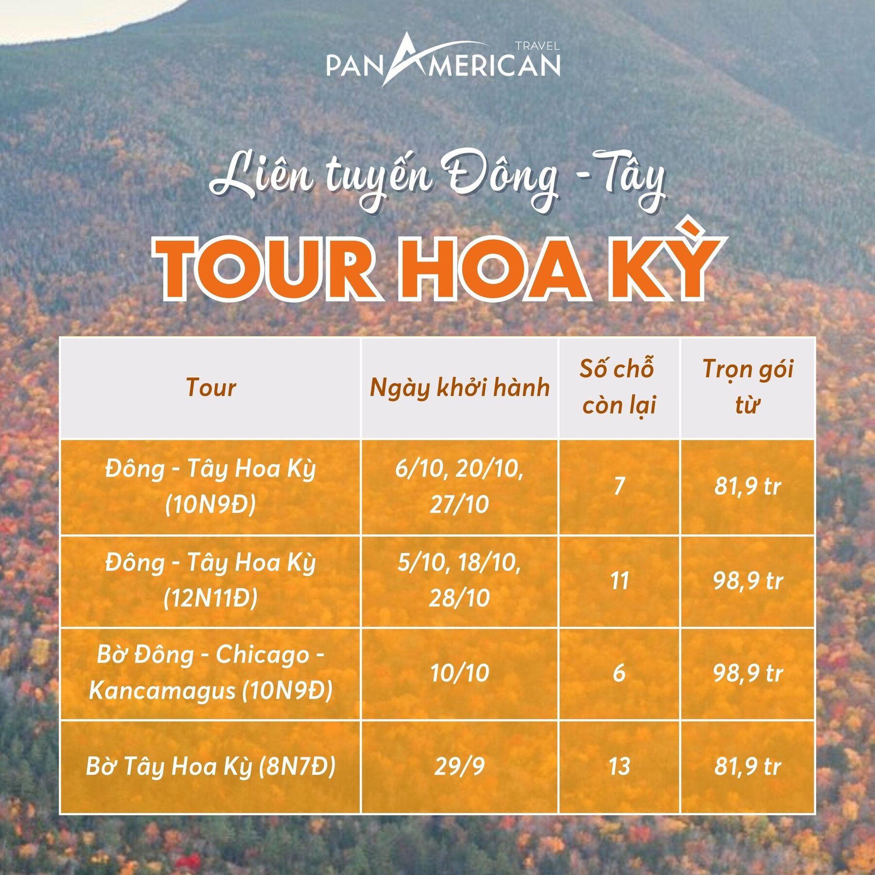 Cập nhật lịch khởi hành tour Mỹ tháng 10 Pan American Travel
